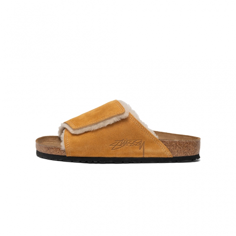 Stüssy & Birkenstock Solana Shearling Slide Shoes Caramel | DVA-587349