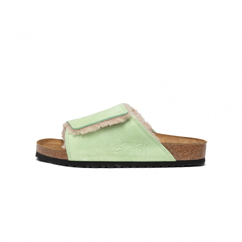 Stüssy & Birkenstock Solana Shearling Slide Shoes Washed Green | VBP-816937