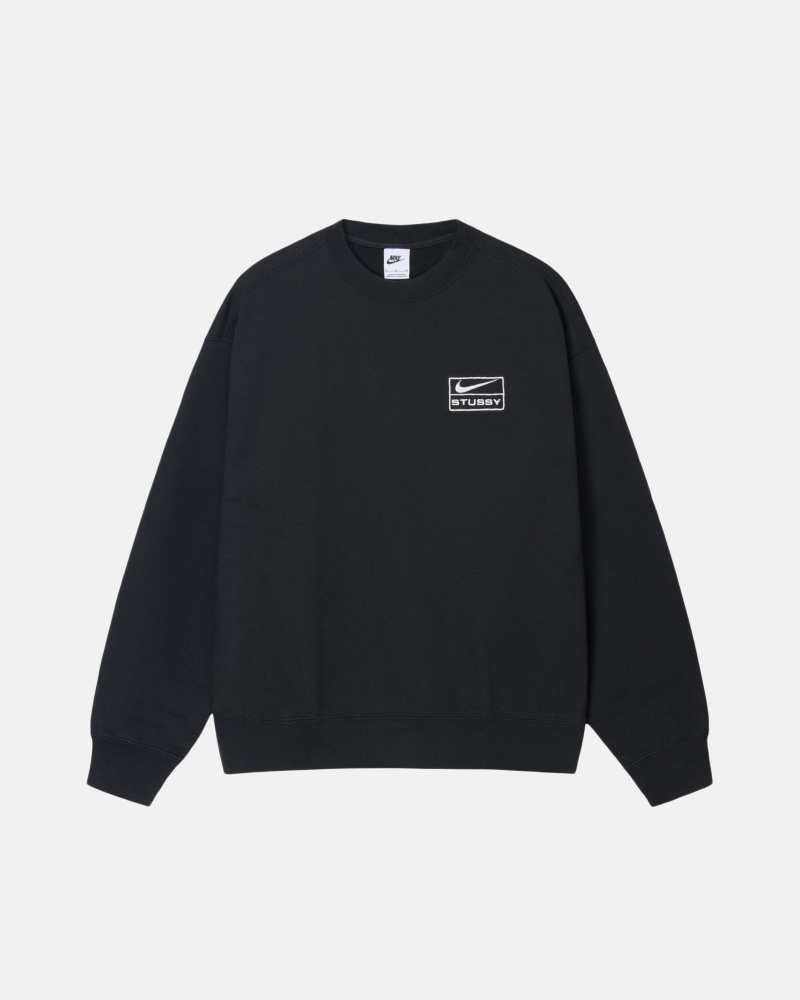 Stüssy & Nike Stone Washed Fleece Crew Long Sleeve Sweatshirt Black | MLE-625103