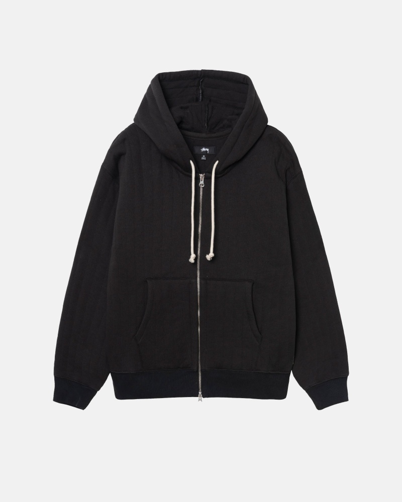 Stüssy Vertical Quilted Zip Hoodie Long Sleeve Sweatshirt Black | BYT-214573