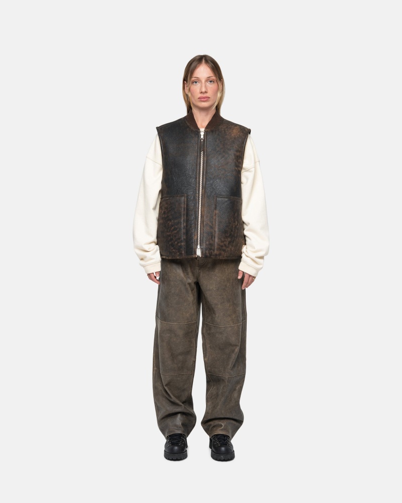 Stüssy Work Pant Distressed Leather Pants Brown | BLJ-684075