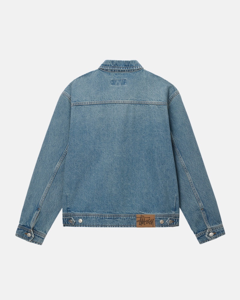 Stüssy Zip Work Jacket Denim Long Sleeve Outerwear Washed Blue | OJI-463978