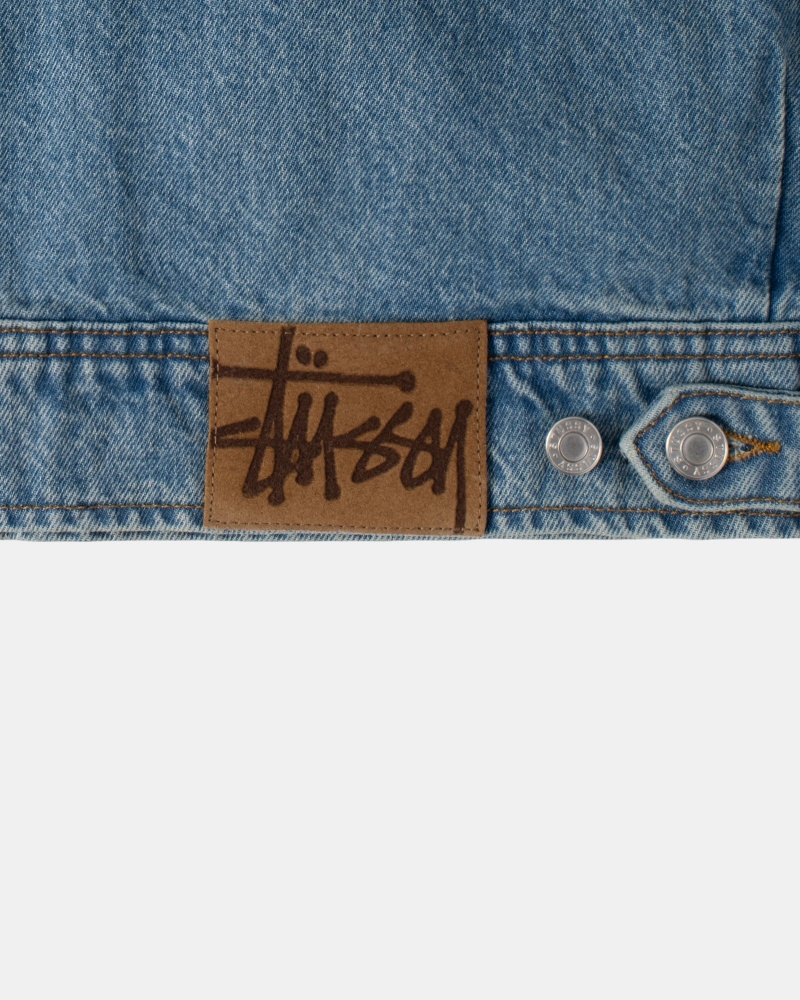 Stüssy Zip Work Jacket Denim Long Sleeve Outerwear Washed Blue | OJI-463978